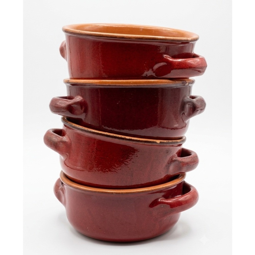 De Silva Made in Italy Red Glazed Terracotta 5" Double Handled Soup Bowls Set 4